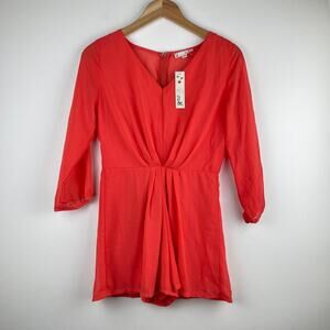 NWT It Girl Coral/Red Women Long Sleeve Pleated V neck Romper - S